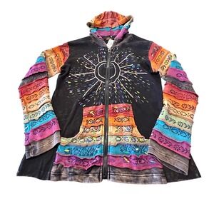 Rising International Sun Embroidered Boho Ruffle Zip Up Hoodie Black L Nepal